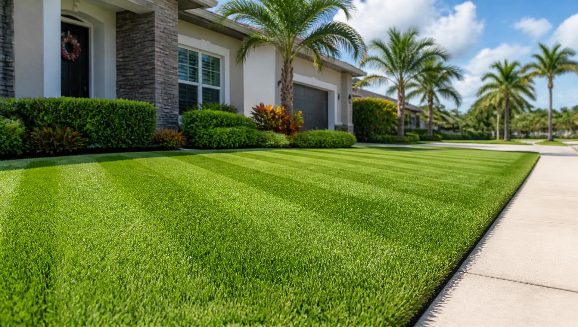 Freshly mowed striped lawn in front of a Saint Petersburg, Florida home