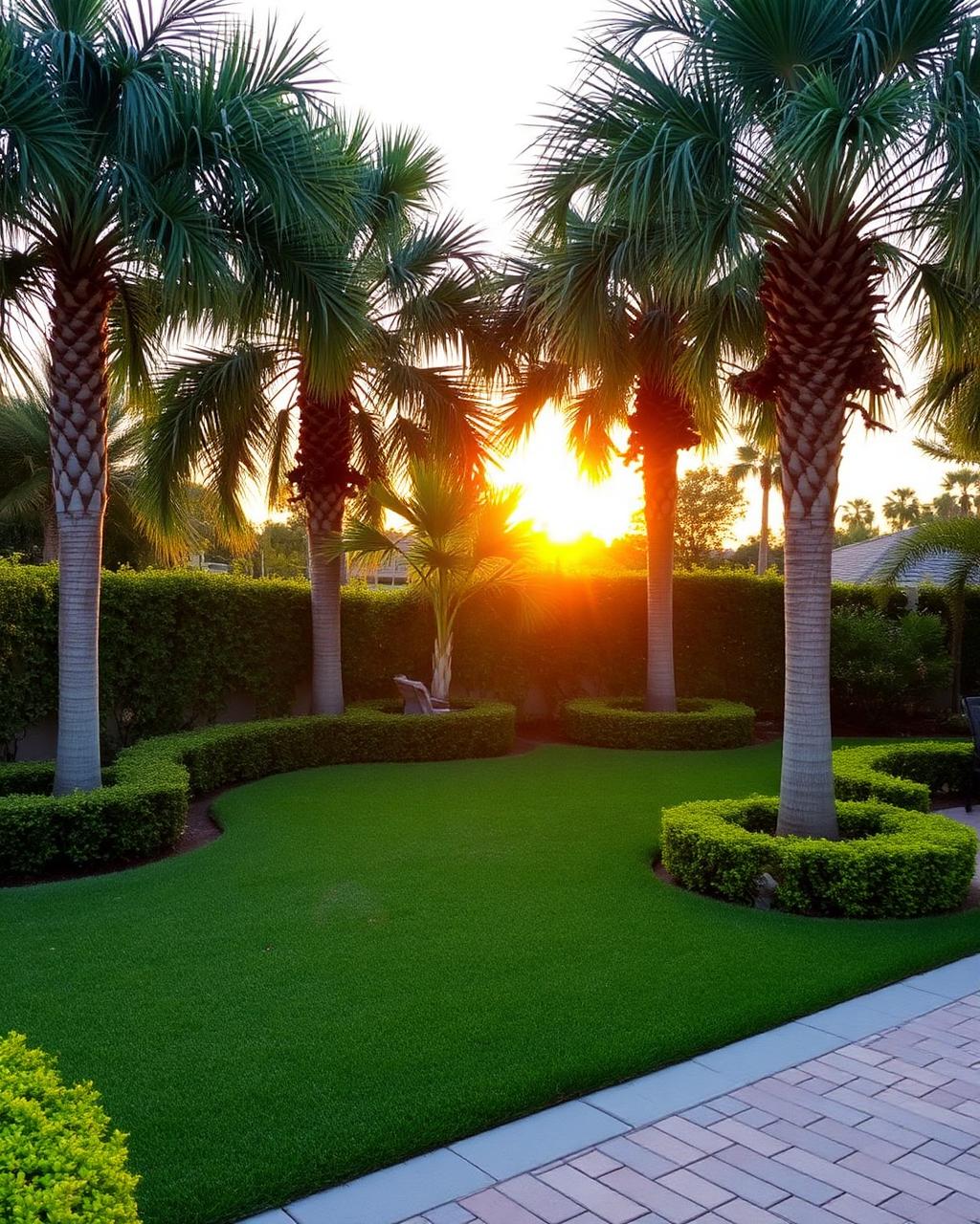 Manicured Florida backyard at golden hour